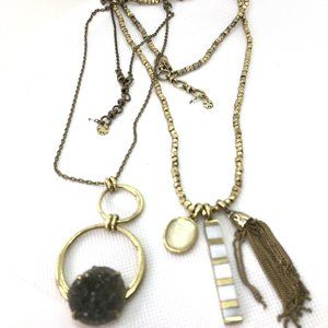 Lot of 2 Lucky Brand MOP Pendant Charms Chain Layered Brass Tone Necklaces 30"